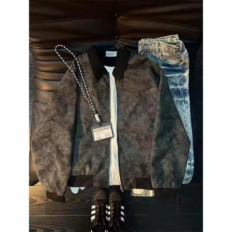 Veste de baseball courte style rétro américain, style baseball, en cuir PU gris tie-dye, idéale pour le printemps.