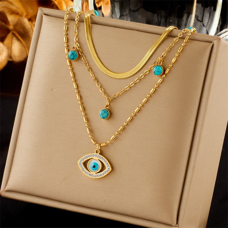 European and American cross-border fashion jewelry multi-layer chain turquoise hollow diamond blue eye pendant clavicle necklace