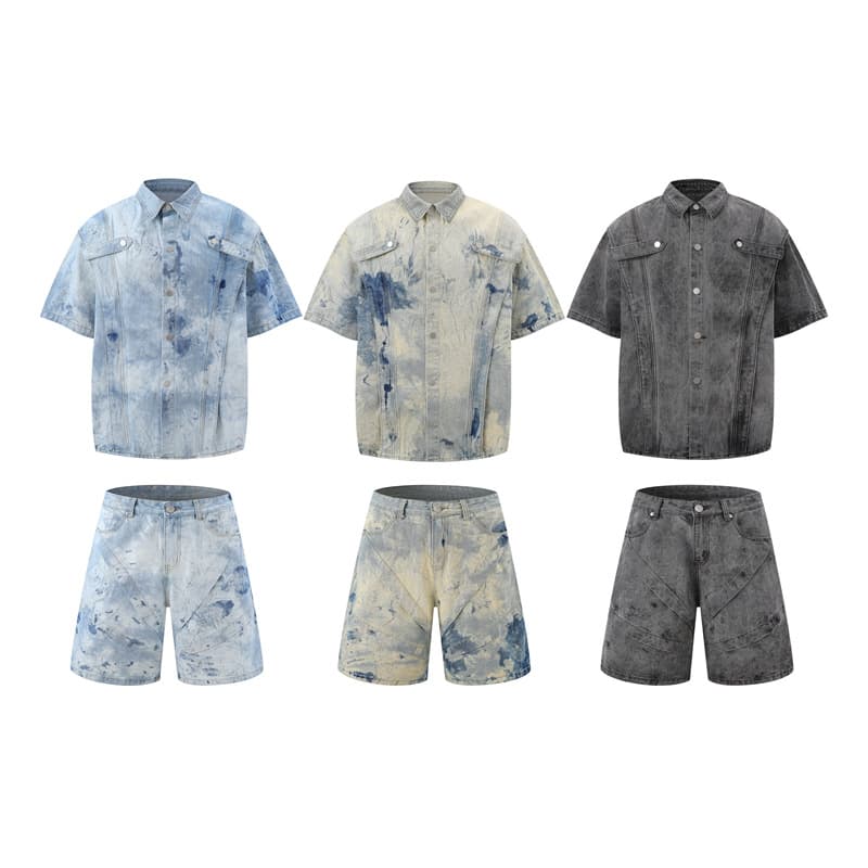 Men's Clothing Tie Dyed Gradient Washed Distressed Denim Short Sleeved Jacket Wide Leg Pants Suit Men's Loose Summer Ins Denim Suit