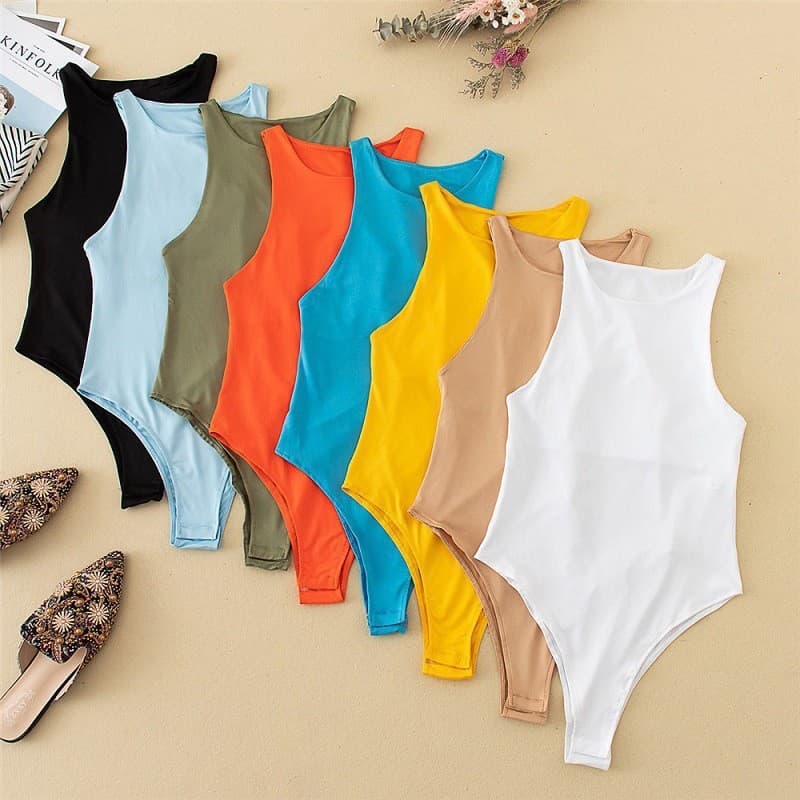 Spot European And American Style Summer Women's Clothing Sexy Body Shaping Off Shoulder Round Neck Solid Color Sleeveless Bottoming Jumpsuit