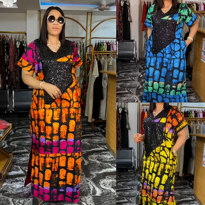 Women's Clothing Velvet Sequined Print Loose Long Robe Ethnic Style Crystal Satin Dress