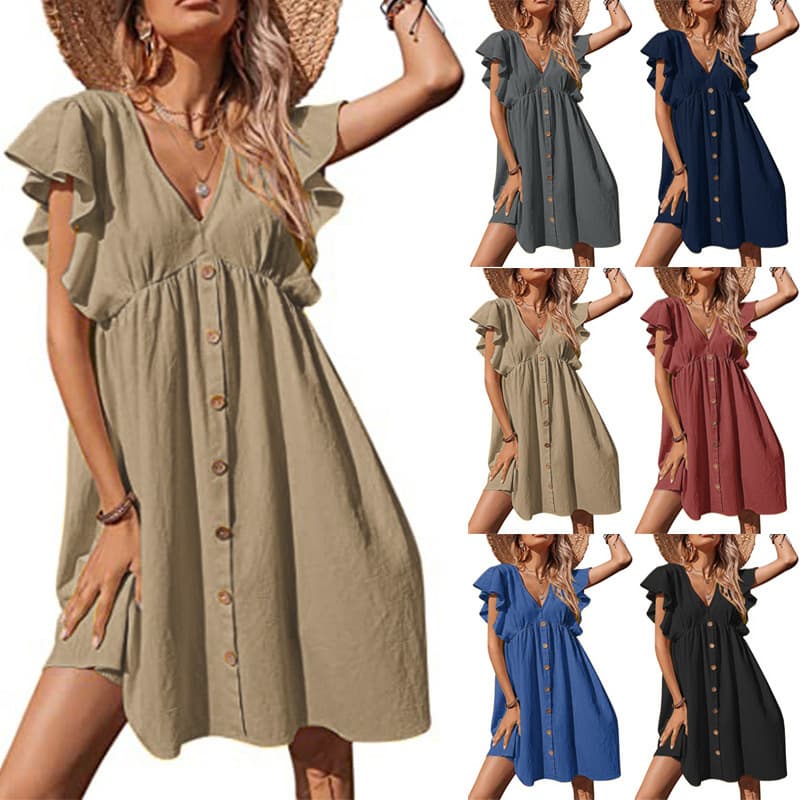 Women's Mid length Dress Casual Pleated V-neck Button Fashion Large Dress