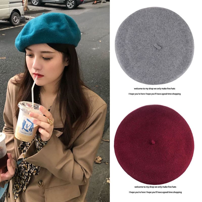 Woolen beret female Ishihara Satomi same style beret autumn and winter wool beret retro blue painter's cap