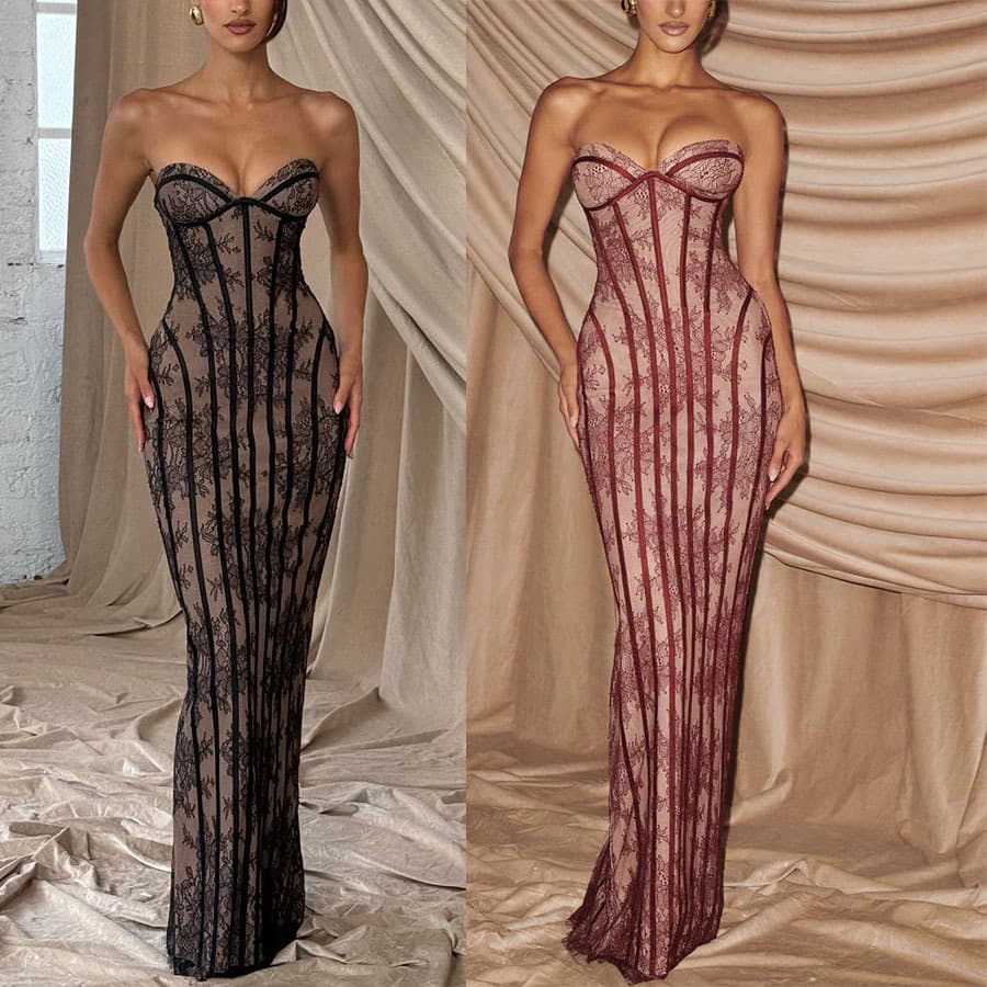 Women's Clothing Slim Fit Lace Bustier Bodycon Dress For Women European And American Style Party Dress Tie Up Long