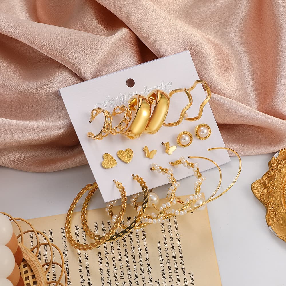 Women's earrings new pearl earrings, personalized exaggerated retro circle pearl earrings set, fashionable