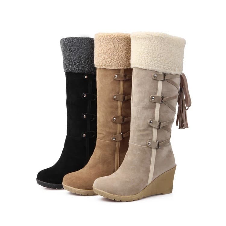 Women's Shoes Large Size Back Lace Up Tassel High Boots Sleeve Wedge Heel Snow Boots