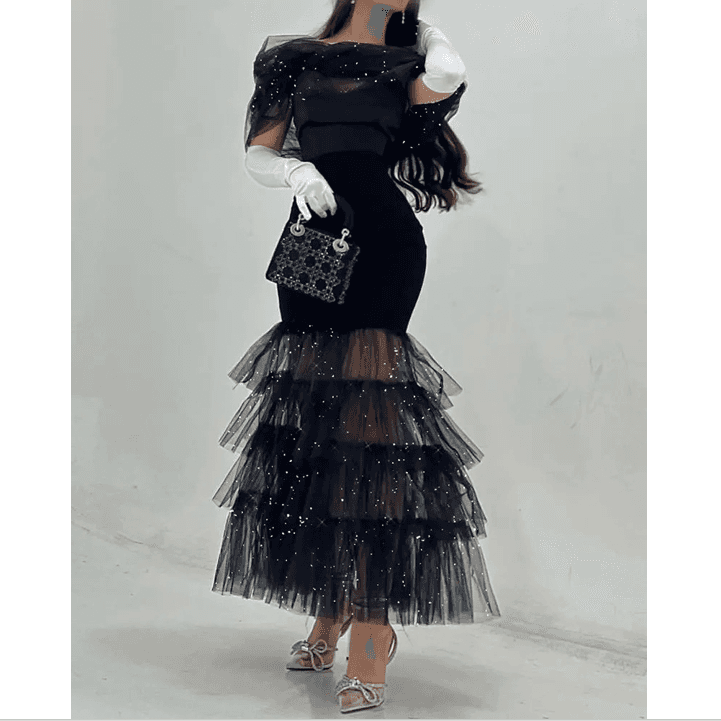 Women's Bag Hips Mid-waist Waist Draw-in Black Artsy Mesh Sequined Commuter Dress