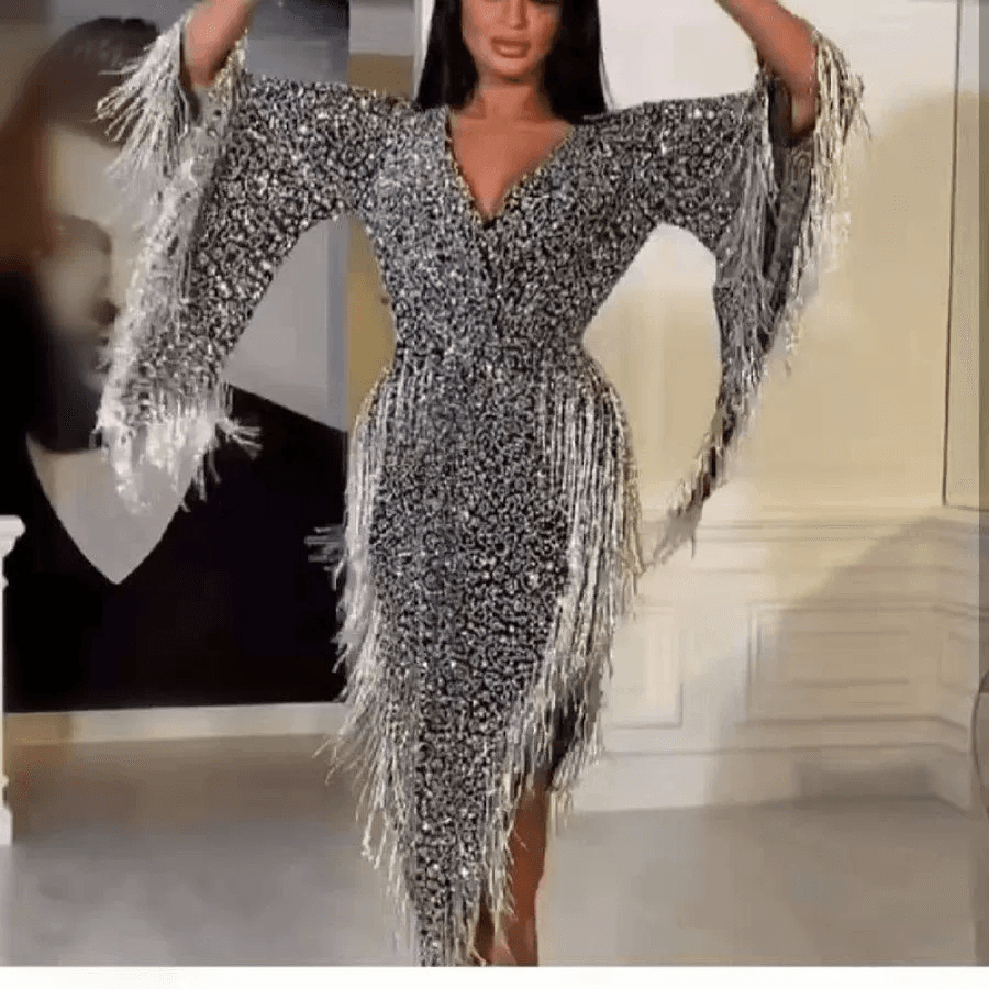 Women's Clothing Autumn And Winter Women's Clothing Hot Sexy Sequined Tassel Slim Dress