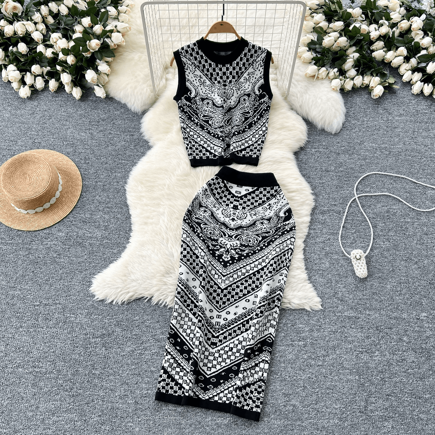 Women's Clothing Fashion Print Suit For Women All Match Round Neck Sleeveless Knitted Top High Waist Hip Skirt
