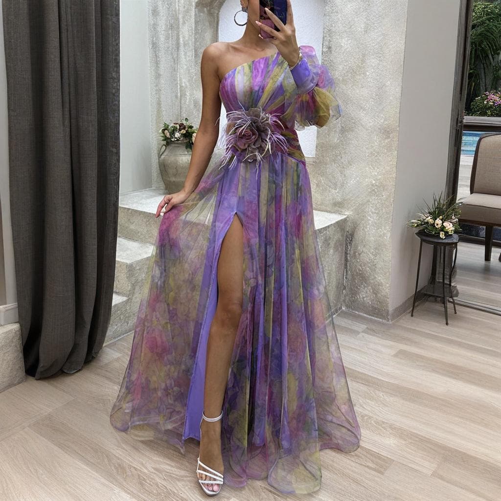 new Party Mesh Oblique Shoulder Dress INS Casual Fashion Dress For Women