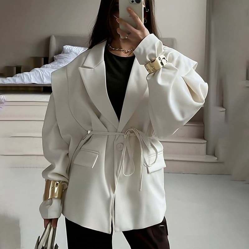 Elegant Women's Blazer With Waist Tie & Shoulder Pads – Professional Office Wear For Spring & Autumn – Classic Solid Colors