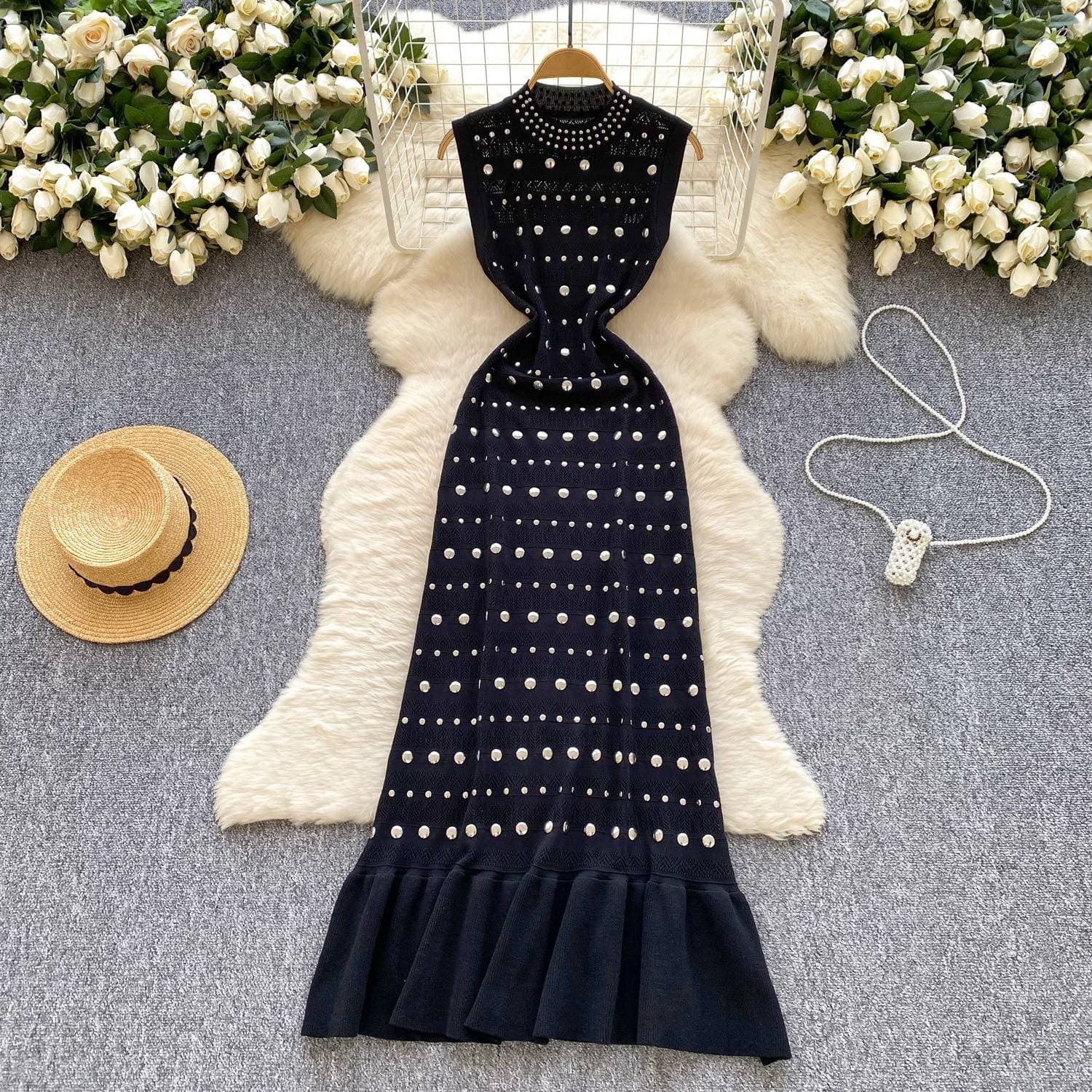 Women's Clothing Celebrity Sense Sleeveless Dress Female Summer Stand Collar Diamond Inlaid Slim Design Light Fishtail Long Skirt