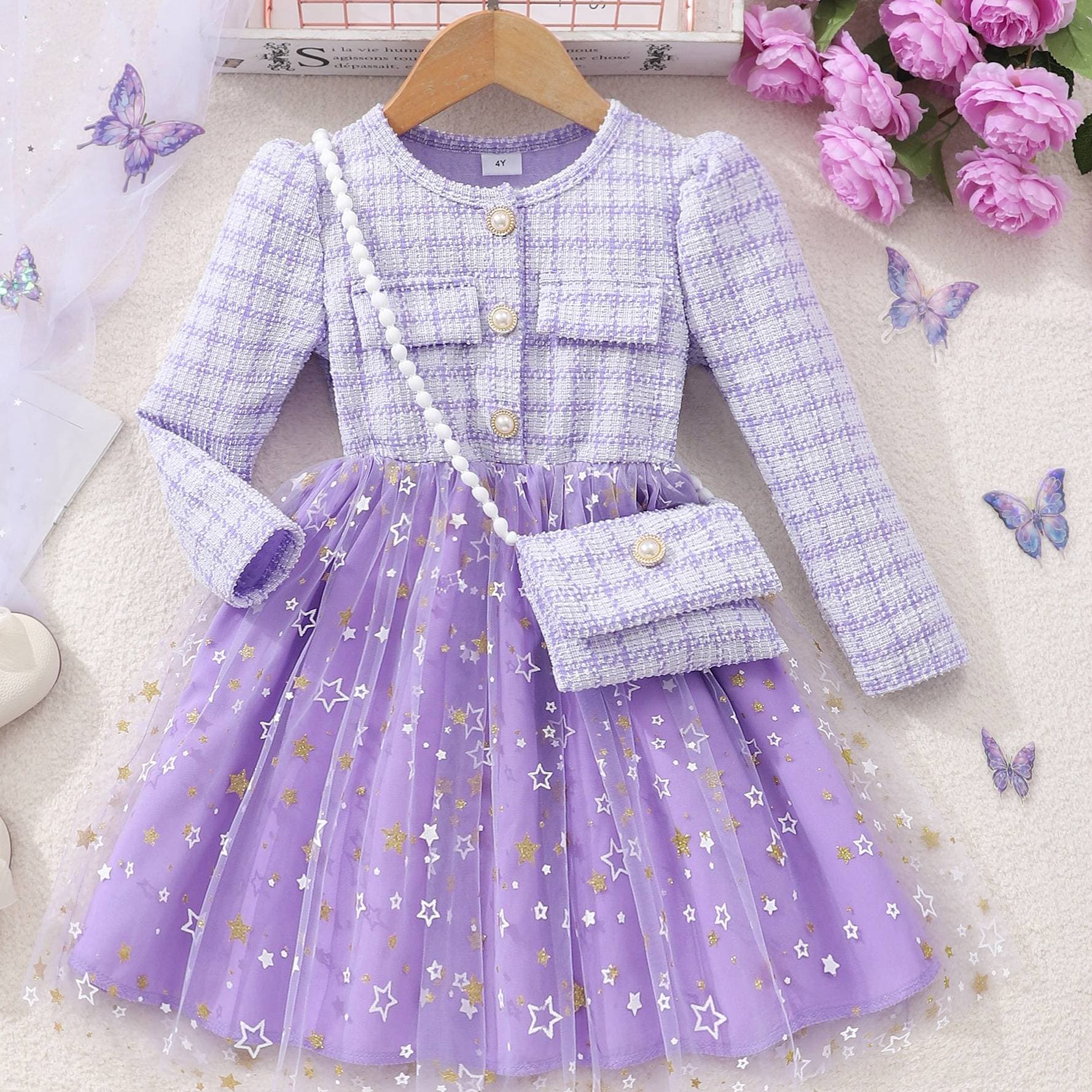 Toddler Girls Clothing Long Sleeve Ladies Star Mesh Dress With Small Bag One Piece For Delivery