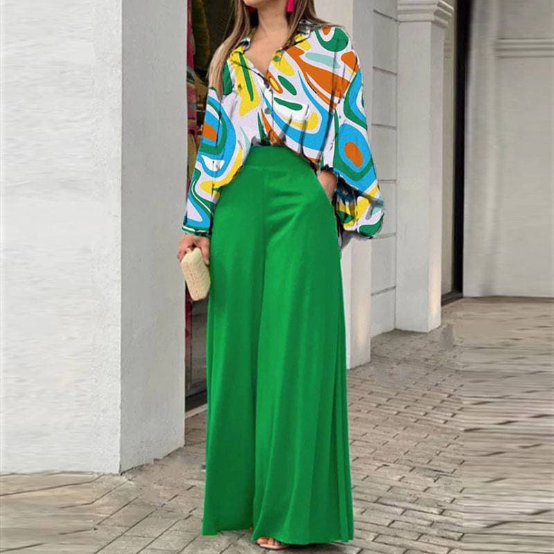 Women's New Fashion Suit Large Size Women's Lapel Shirt Printed High Waist Wide Leg Pants Two-piece Set
