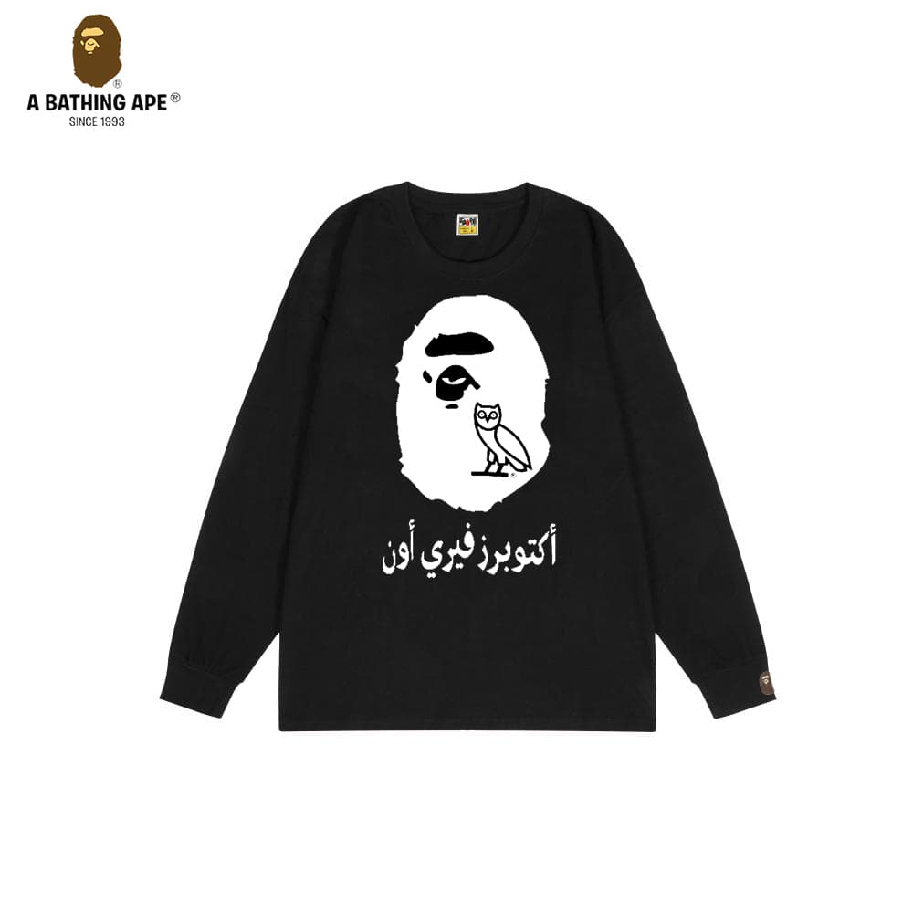 A Bathing APE BAPE-BAPE Japanese Trendy Owl Pattern Rune Logo Print Pure Cotton Round Neck Long Sleeved Top