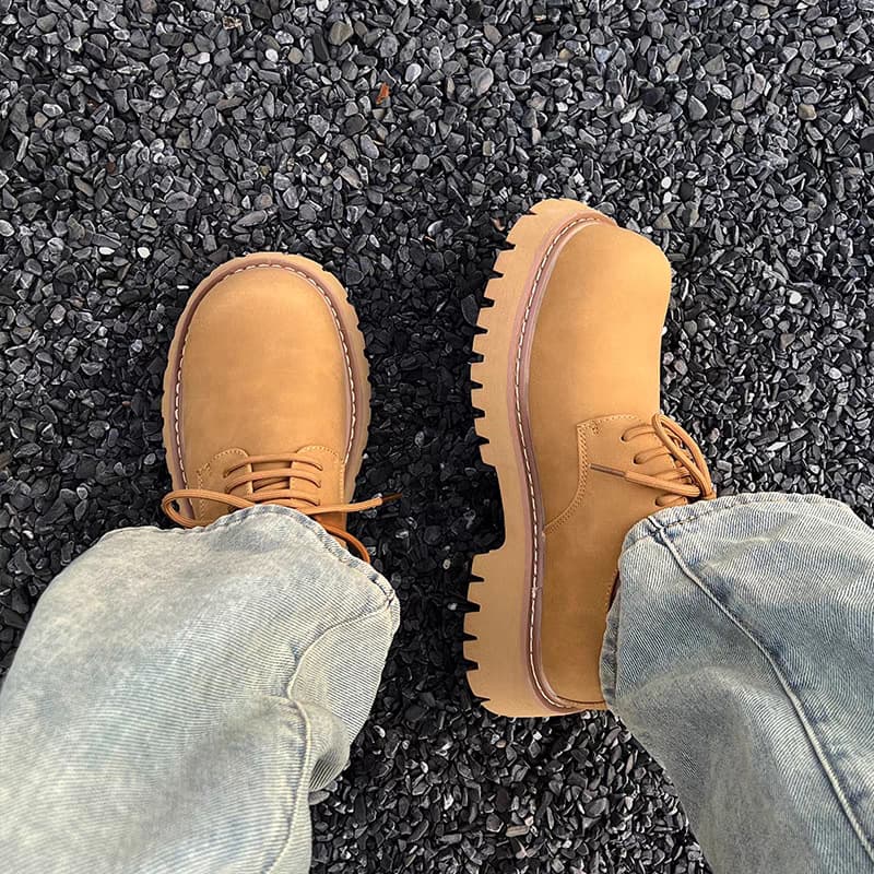 Euro Step Black Chunky Derby Men, Round Toe, Thick Sole, Height Increasing, Martin Style, Versatile Casual Leather Shoes For