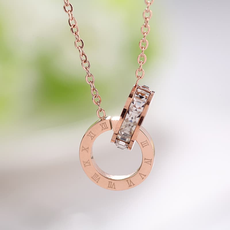 Classical Cubic Zirconia Roman Numerals Double Circle Stud Earrings Bracelet Necklace For Women Fashion Titanium Steel Bride Wedding Jewelry Set
