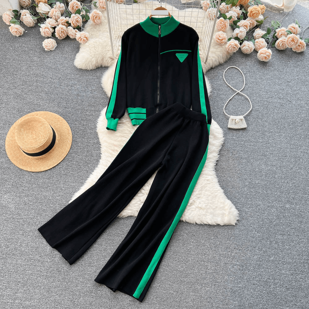 Women's Clothing stylish sports contrast color long sleeved baseball jacket top casual pants two piece autumn women's clothing