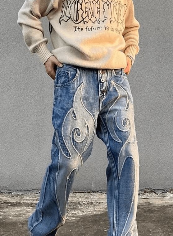 Men's Clothing street retro patch embroidered washed jeans for men and women high street straight loose men and women raw edge trousers