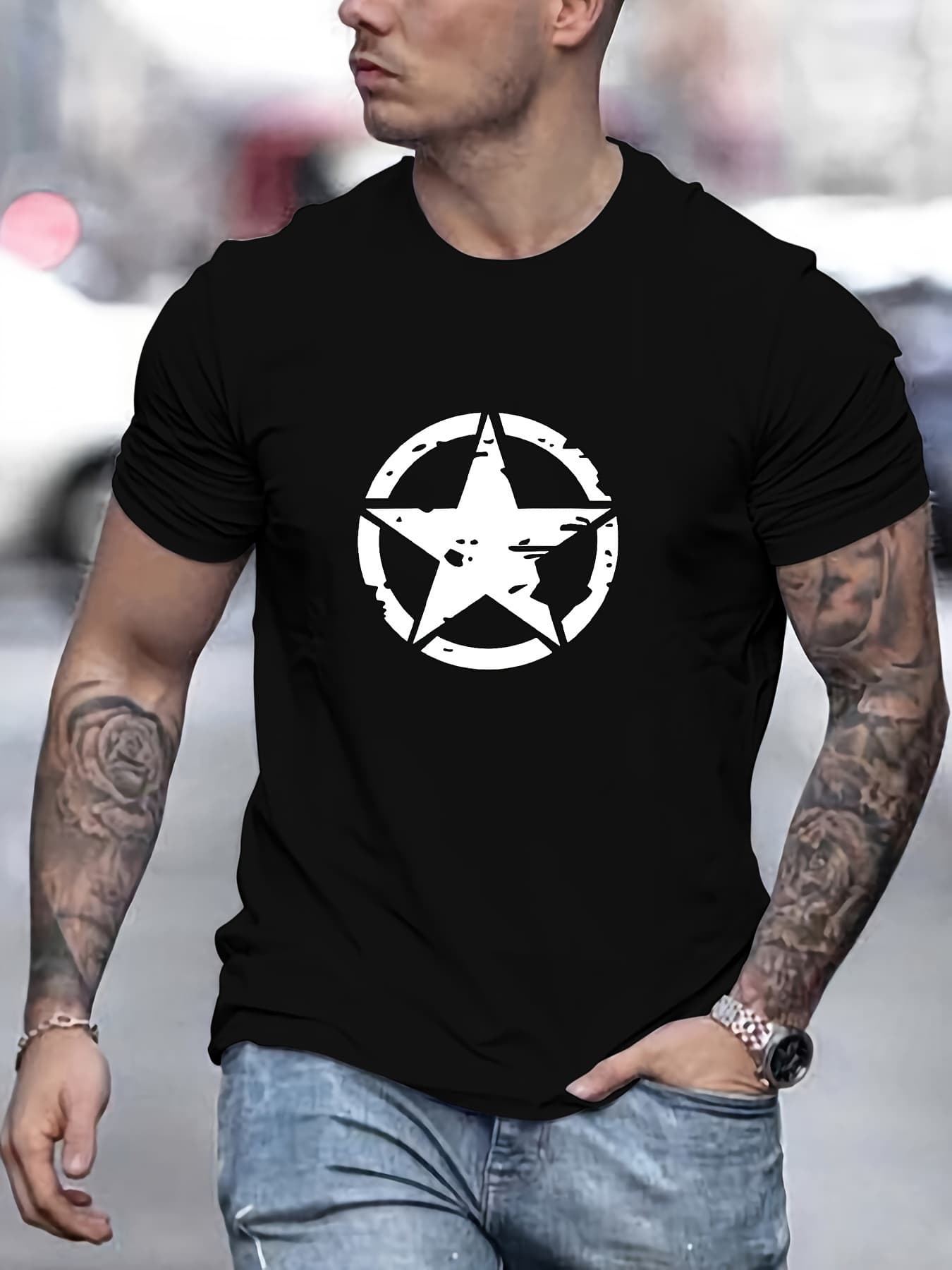 100% Pure Cotton Men's Spring And Summer Fashionable Short Sleeved Star Logo Graphic Print Casual Slim Fit Versatile Top