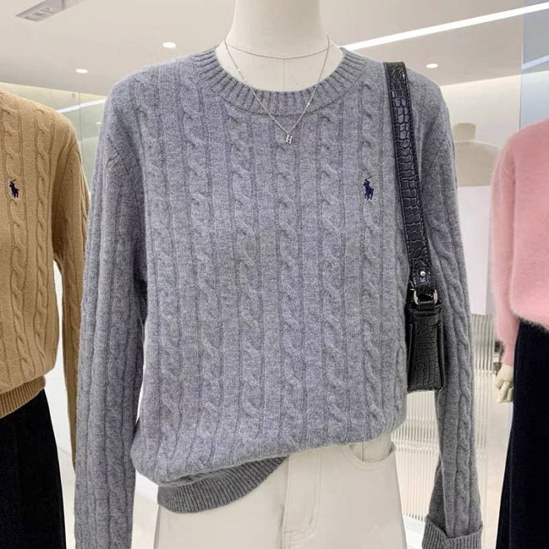 Haut ample en maille brodée pour femme, collection automne-hiver, pull blanc chic à manches longues en maille torsadée.