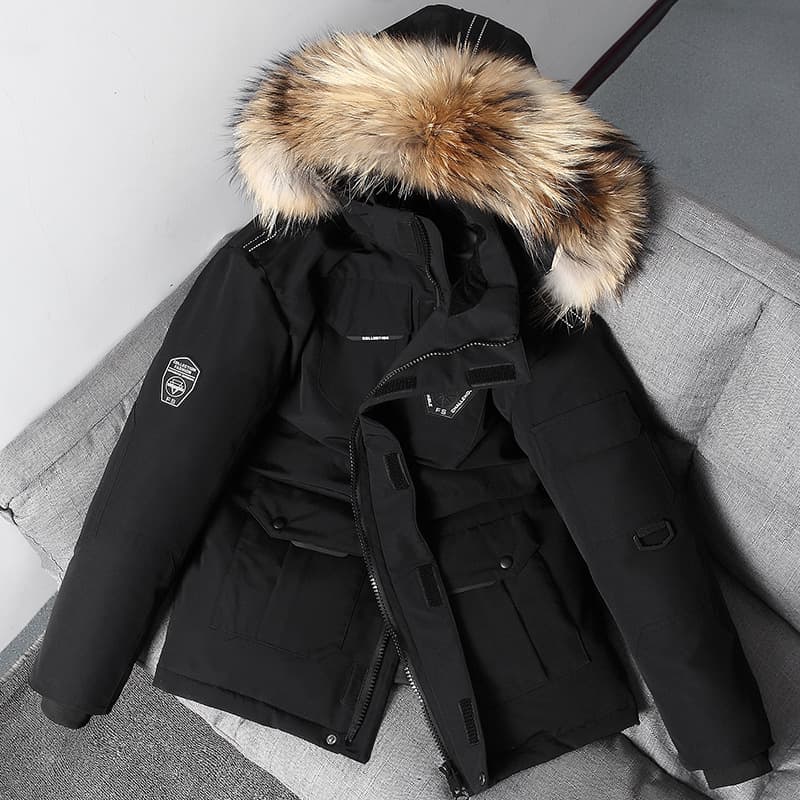 ​​Men's Winter Running Jacket With Detachable Fur Collar – Korean-Inspired Workwear Style (Black/Red, M-3XL, Windproof & Thickened)​​