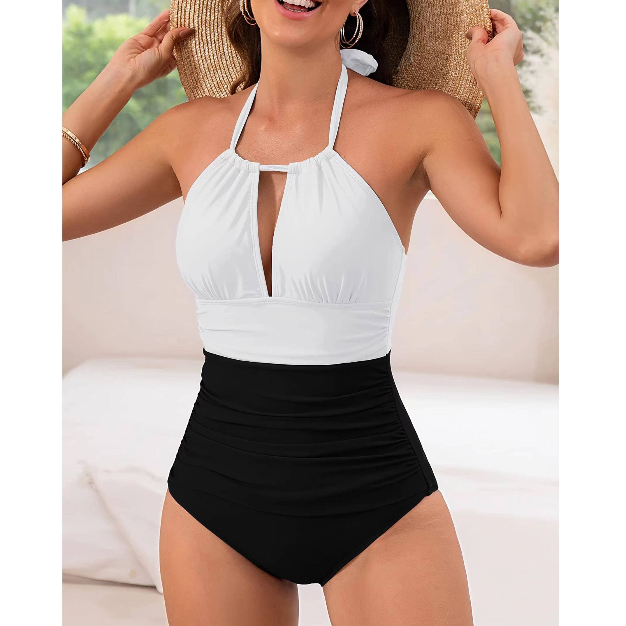 2024 New One Piece Swimsuit European and American Solid Color Neck Tie Hollow out Swimsuit Leopard Pattern Color Block Bikini