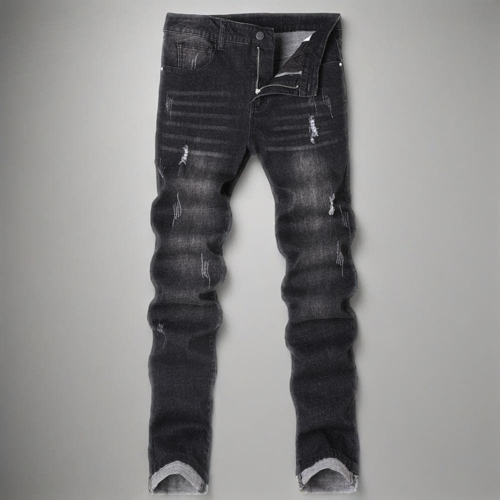 Jean slim droit extensible pour homme – Pantalon en denim délavé noir et gris effet vieilli pour une tenue décontractée