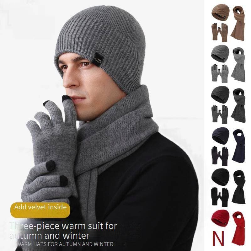 Men's Hats Velvet, Thickened, Warm And Windproof Three Piece Suit With Large Head Circumference, Knitted Hat, Long Scarf And Touch Screen Gloves