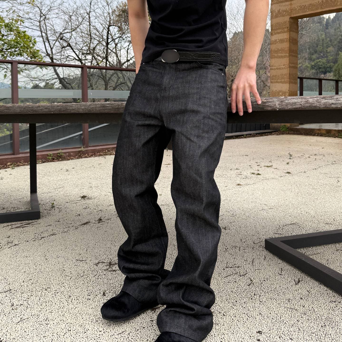 Men's Clothing Vintage Black Washed Heavyweight 646 Selvedge Denim 13oz Slightly Flared Versatile Jeans