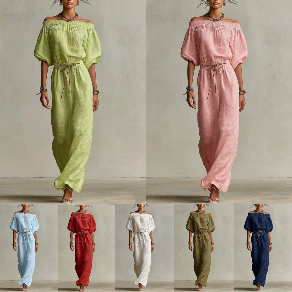 Women's Clothing Summer Oblique Collar Short Sleeved Waist Herringbone Mid Length Dress