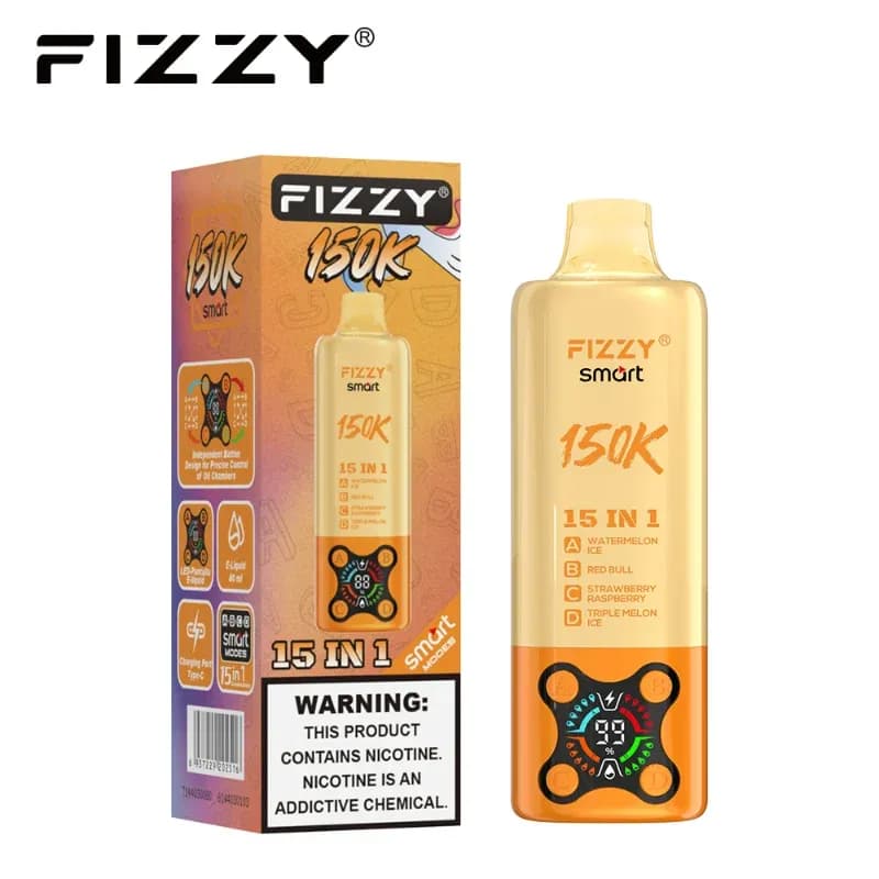 Vape rechargeable 4 en 1 Fizzy Smart 150K, écran numérique, 15 combinaisons de saveurs, 80 ml, 2 % de nicotine