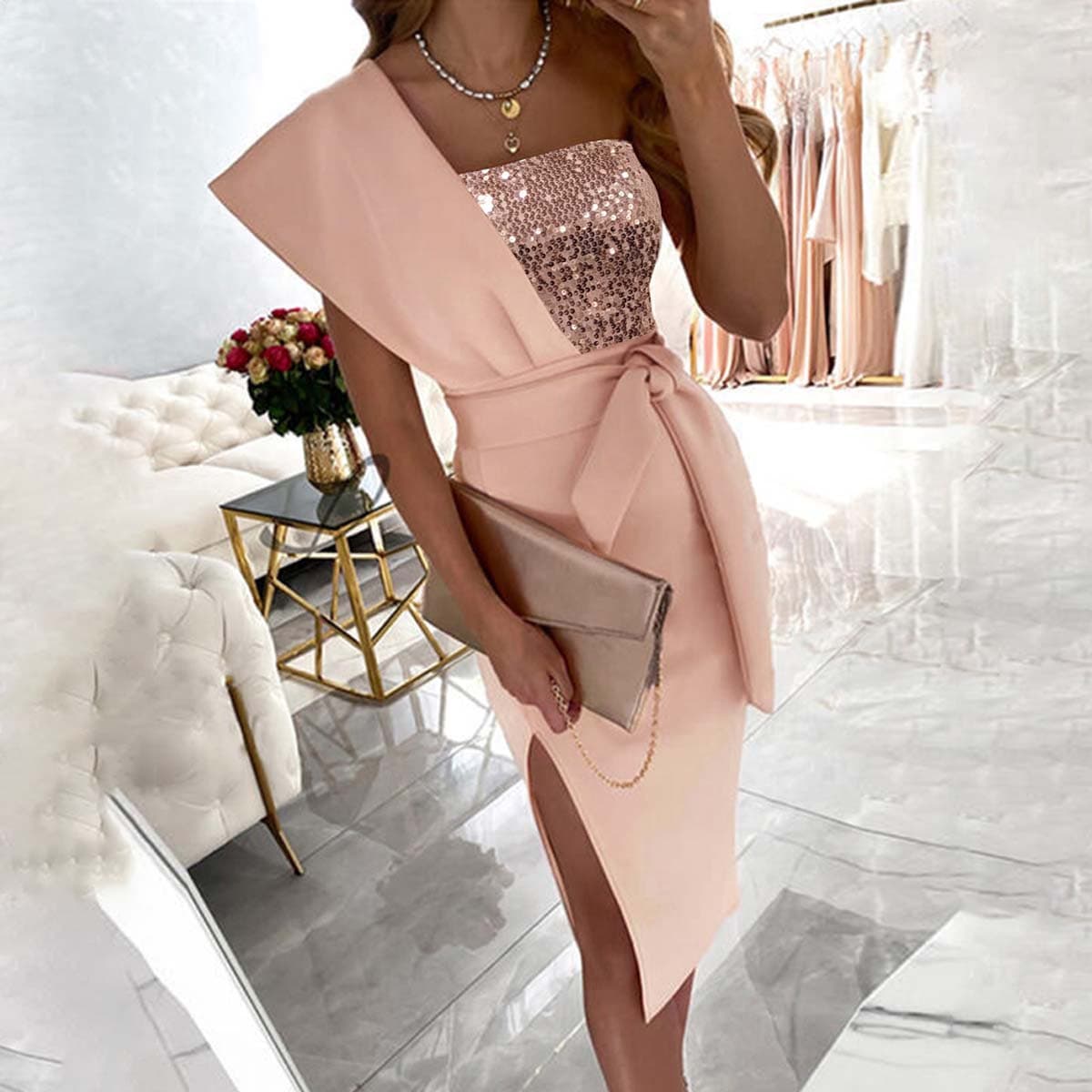 Women's Pink One-shoulder Design Sequin Patchwork Slim Slit Dress With Belt
