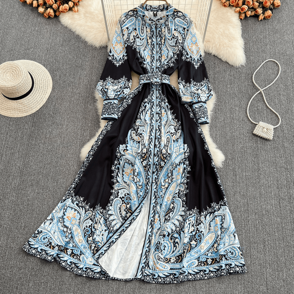 Women's Clothing Palace Style Stunning Skirt Elegant Print Temperament Stand Collar Single Breasted Waist Slimming Big Swing Dress