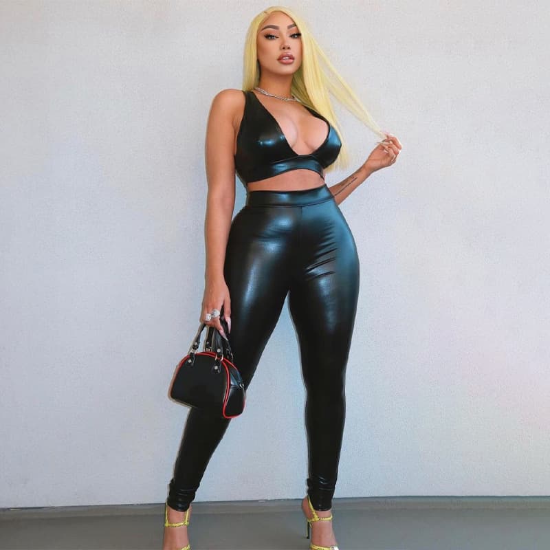 Women's deep V-neck vest sexy bag hip slim-fit pants fashion PU suit