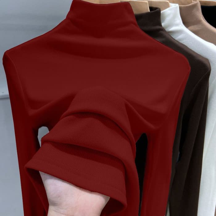 Women's Semi-Turtleneck Thermal Tee – Slim Fit Long Sleeve Base Layer, Dralon Blend Stretch Fabric (M-2XL, Beige/White/Wine/Brown/Black)