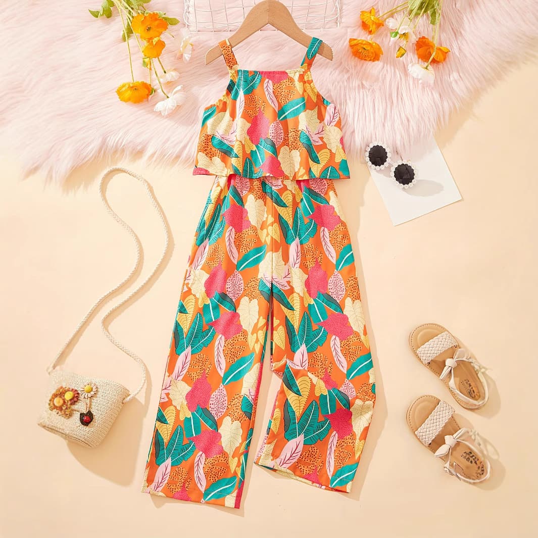 Mother & Kids INS Girl Fashion Tropical Flowers Full Print Jumpsuit Fashion Casual Jumpsuit Summer Wear