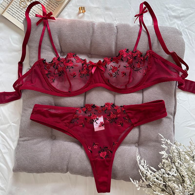 Women's Intimates Sexy Ink Painting Embroidered Butterfly Lace Bra Set Thin Cotton Cup Big Chest Small Bra