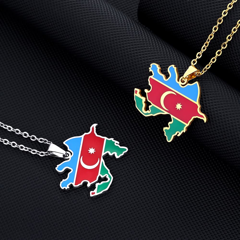 hot sale famous ethnic style men's and women's geometric drop oil vintage titanium steel map and flag necklace of Azerbaijan