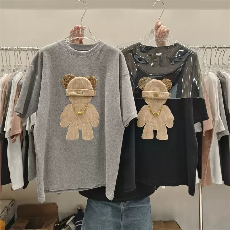 white thickened brushed half-sleeved T-shirt loose large version mid-length short-sleeved top for women