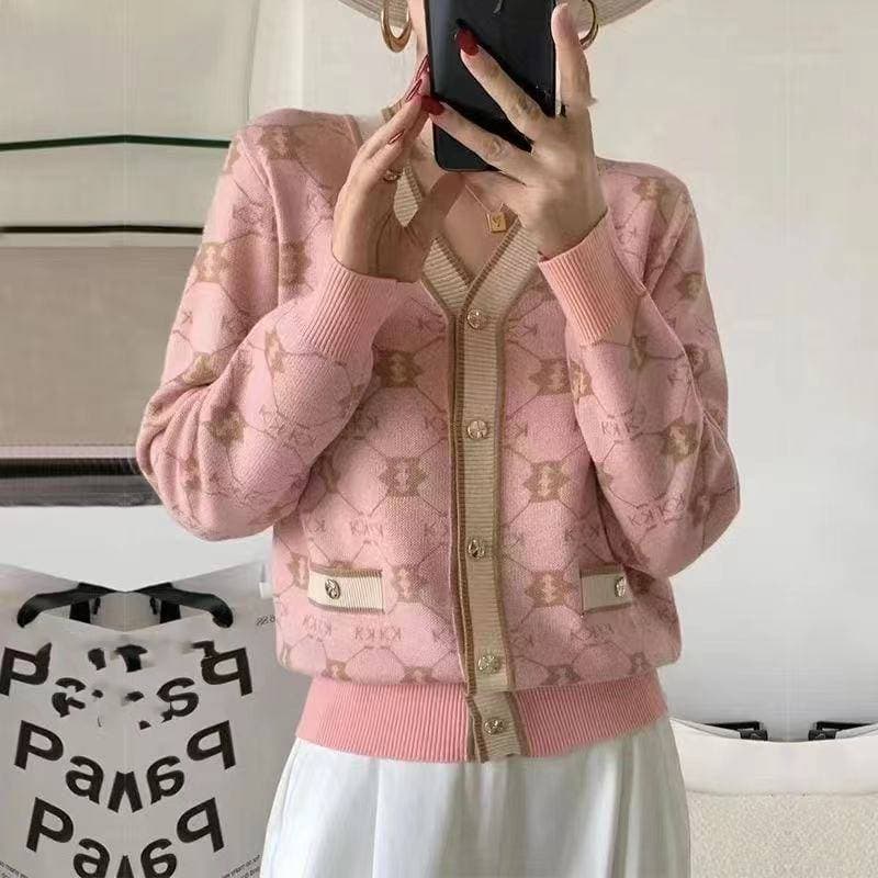 Women's Clothing Fashion New V neck Jacquard Contrast Color Knitted Cardigan