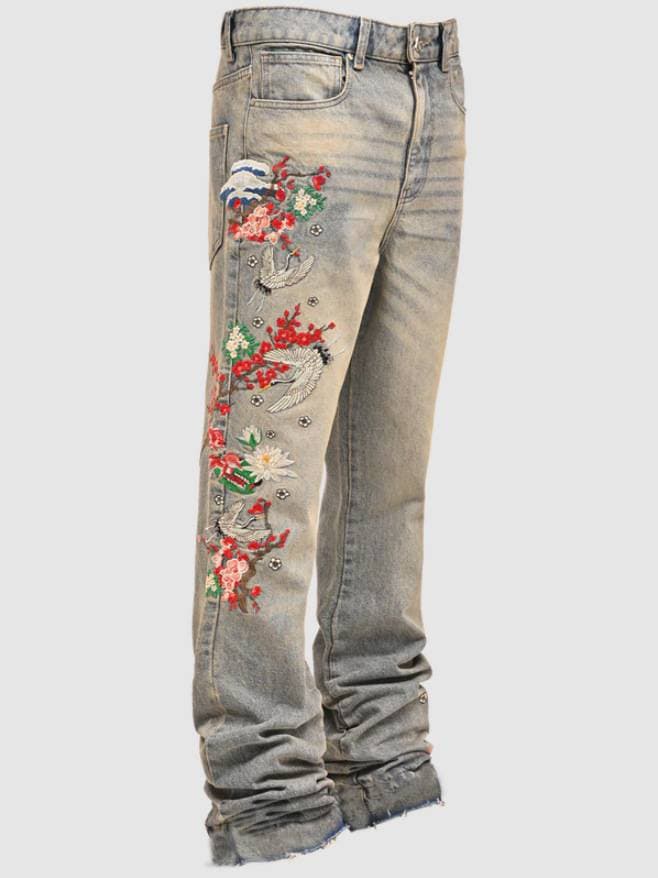 Men's Clothing 25 New Denim Straight Pants European And American Street Fashion Ins Hot Elastic Patch Denim Straight Pants
