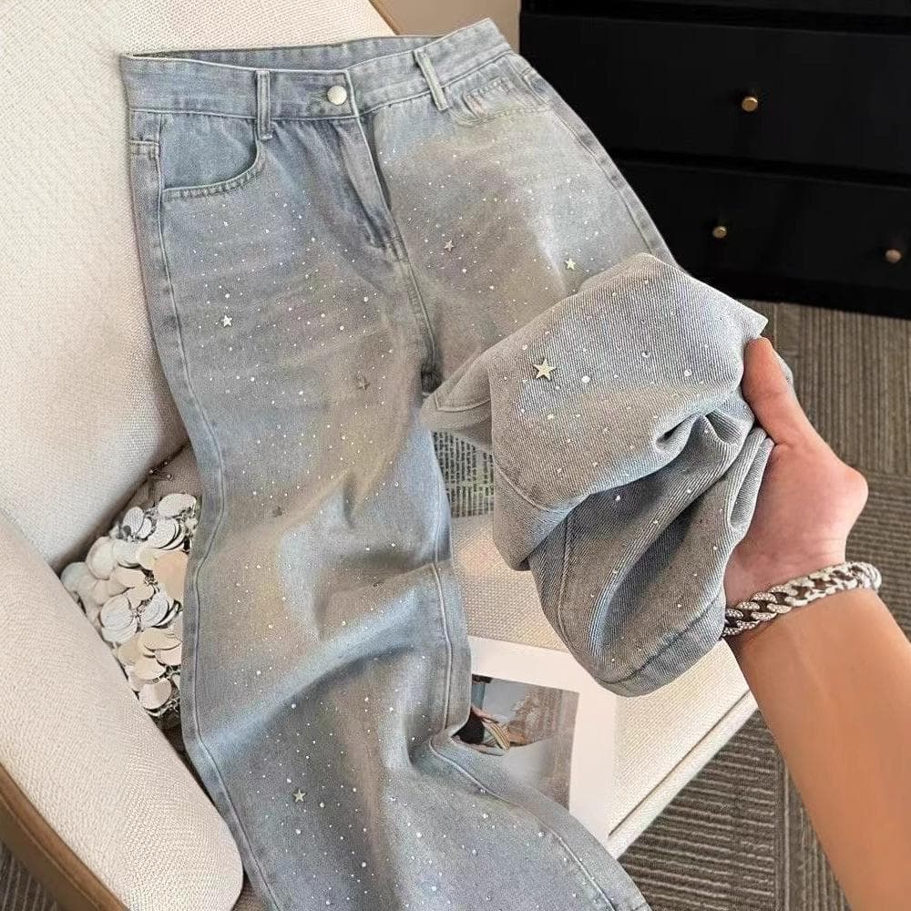 Women's Clothing Women's High Waist Flared Jeans With Star Embellishments – Light Blue Comfort Stretch Denim Pants For Casual Chic Style Waist Jeans