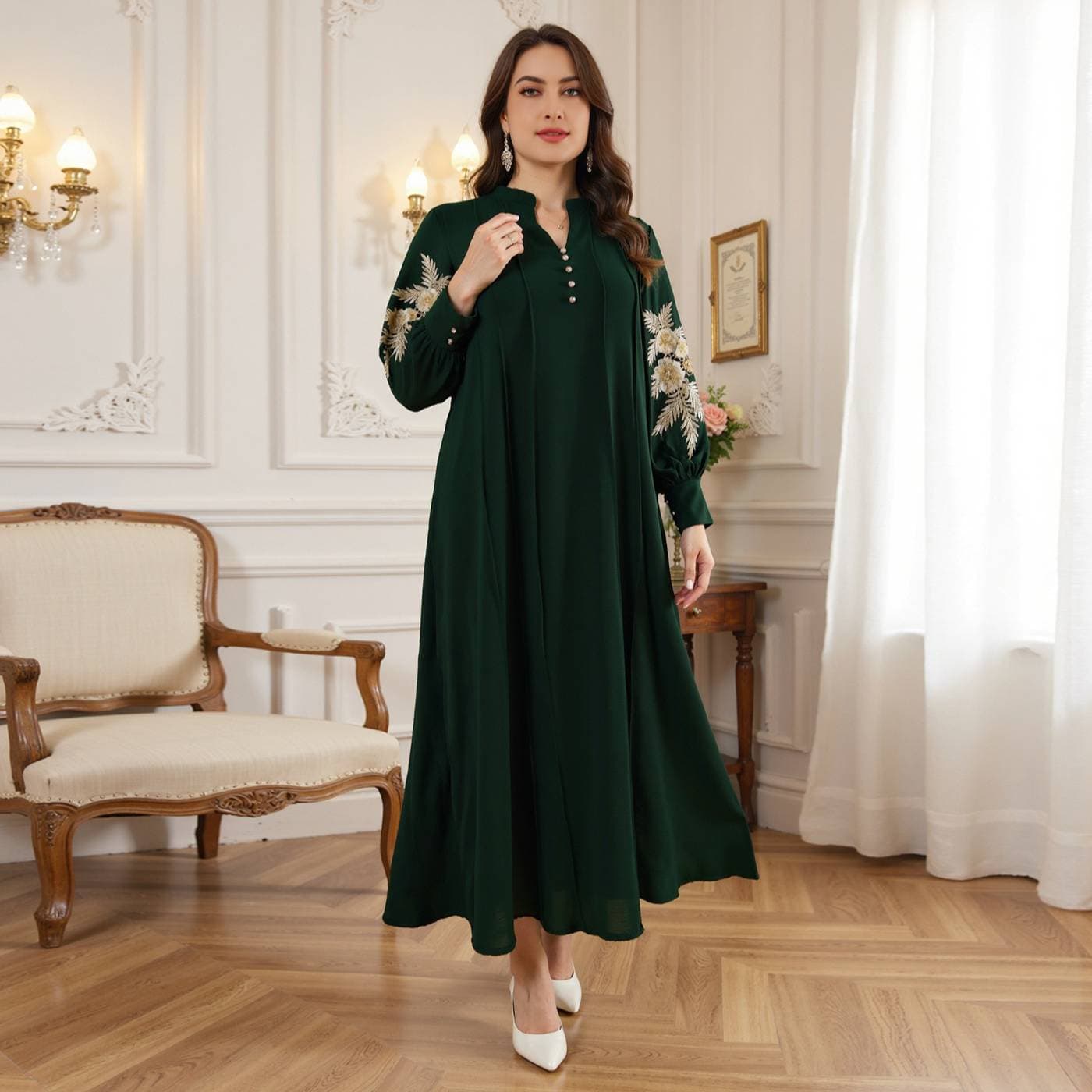 ​Elegant Embroidered Abaya Dress For Women – Modest Muslim Long Sleeve Maxi Dress (Polyester, 0XL-4XL, Green, Handcrafted Embroidery, Loose Fit)​