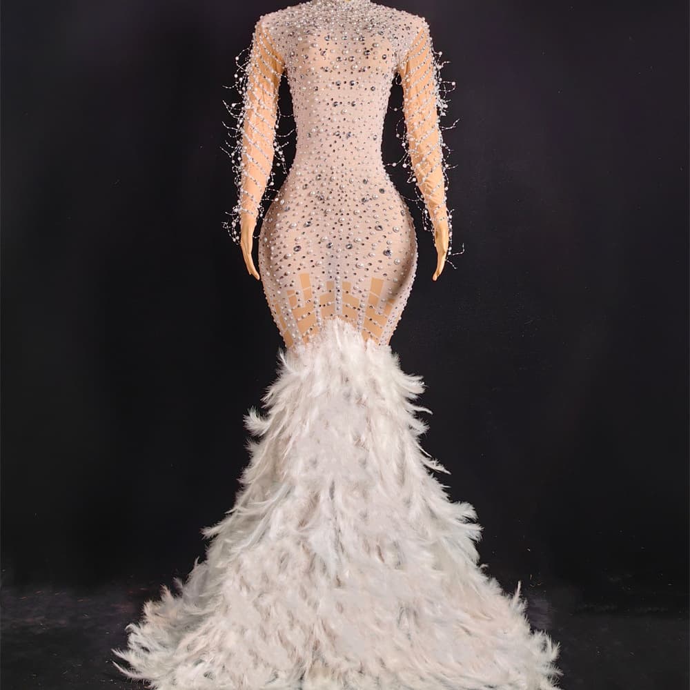 Women’s Clothing Fashion Sexy Mesh Hot Diamond Perspective One Piece Feather Long Dress Evening Dress Stage Performance Costume Ym