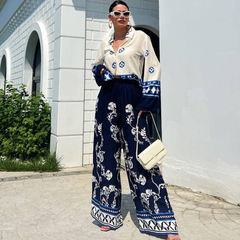 Women's clothing fashion positioning printed loose long-sleeved tops wide-leg pants two-piece set