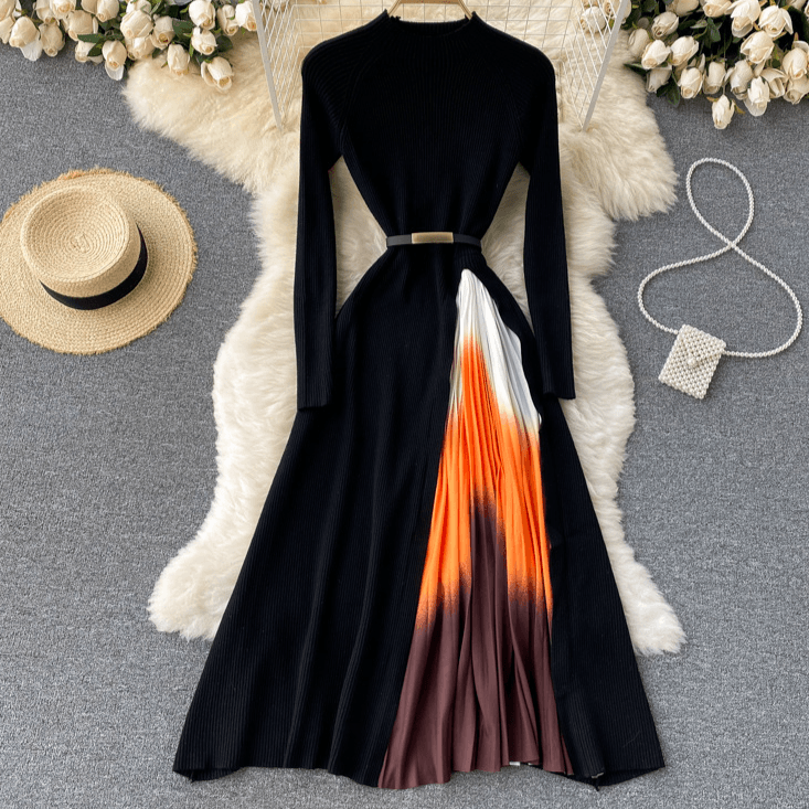 Women's Clothing Elegant Knitted Stitching Gradient Color Pleated Slim Waist Wide Swing Dress