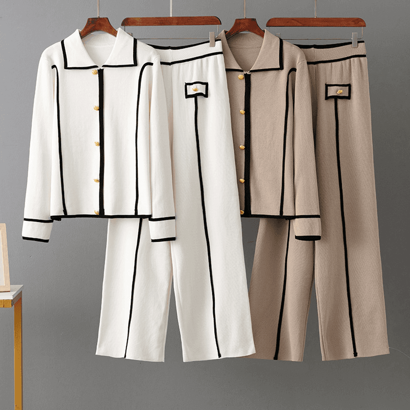 Women's Clothing Knitted Suit Single Breasted Polo Collar Sweater Casual Sports Wide Leg Pants Two Piece Suit