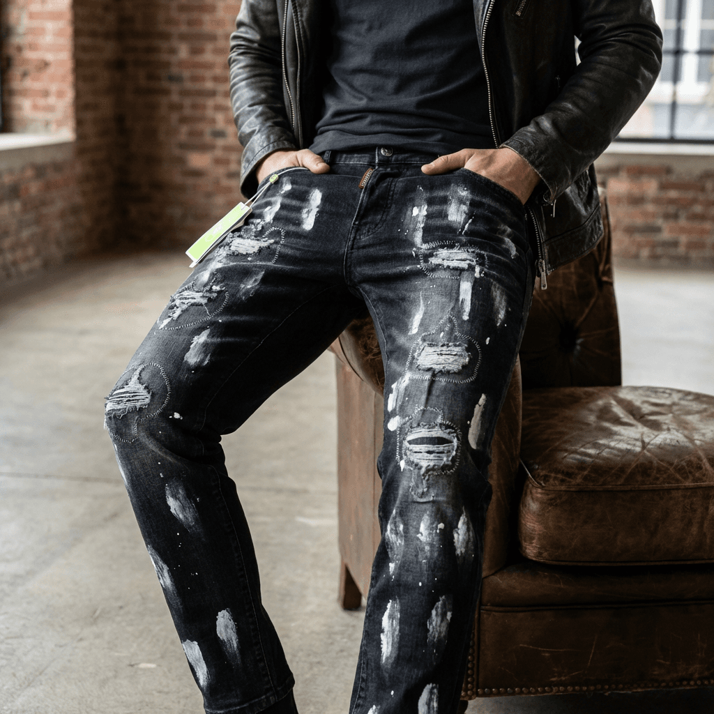 Men's Slim Fit Distressed Jeans Black/Grey Ripped Denim Pants With Stretch Comfort Mid Waist Long Cotton Pencil Pants