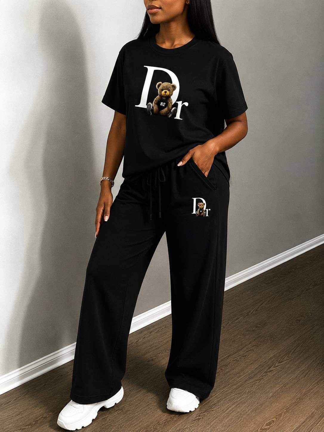 New 2026 Women's T-shirt+Wide Leg Sports Mid Waist Loose Drawstring Straight Pants Casual Set In Stock